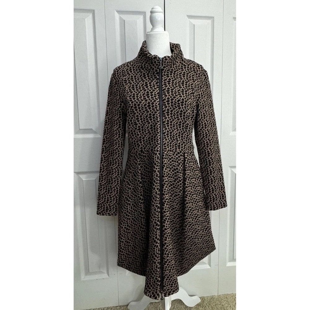 Samuel Dong Midi Coat Dress Women's Small Tan Black Leopard Print Bubble Zipper
